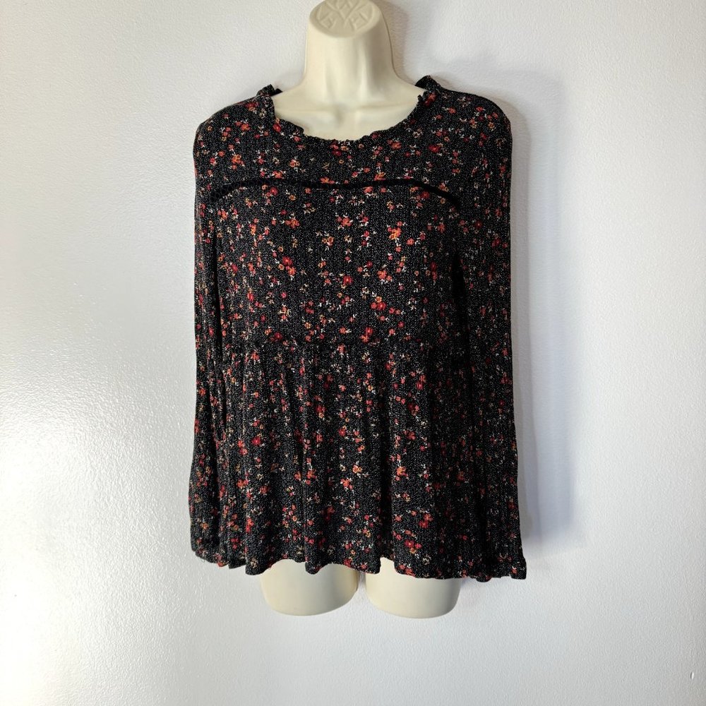Knox Rose Micro Floral Polka Dot Blouse Size Small S Red Black Lace Shirt